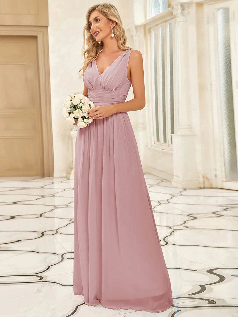 Elegant Double V-Neck Bridesmaid Dress – Floor-Length Maxi Gown - Biamonde